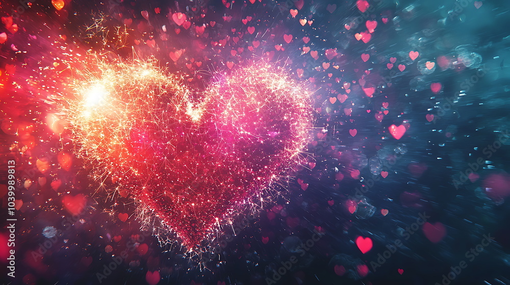 Poster radiant heart of sparkles a captivating display of love and emotion through floating hearts and glow
