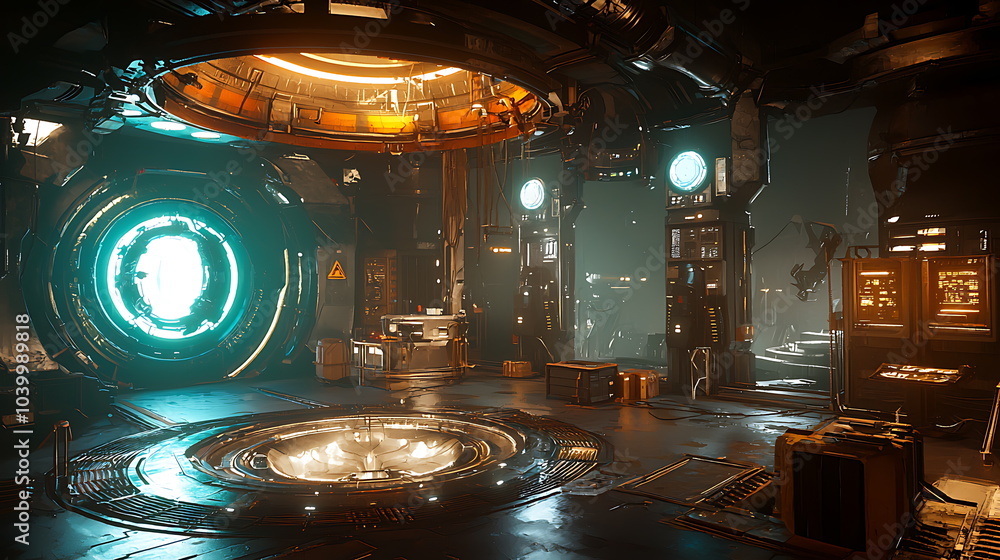 Poster Exploring a futuristic technology room with glowing digital interfaces and advanced innovations in a sci-fi environment