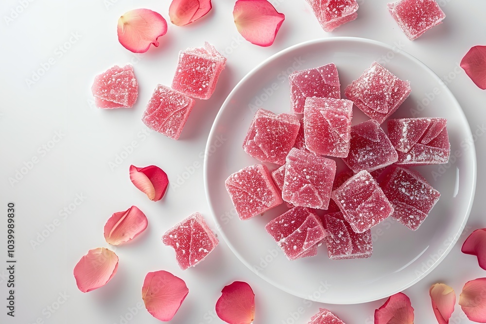 Poster an overhead and up-close view of a rose turkish delight served on a white plate with plenty of space