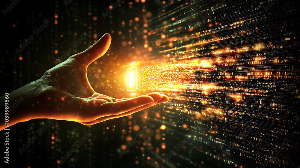 Poster Hand releasing digital particles a visual representation of technology and innovation in a dynamic space