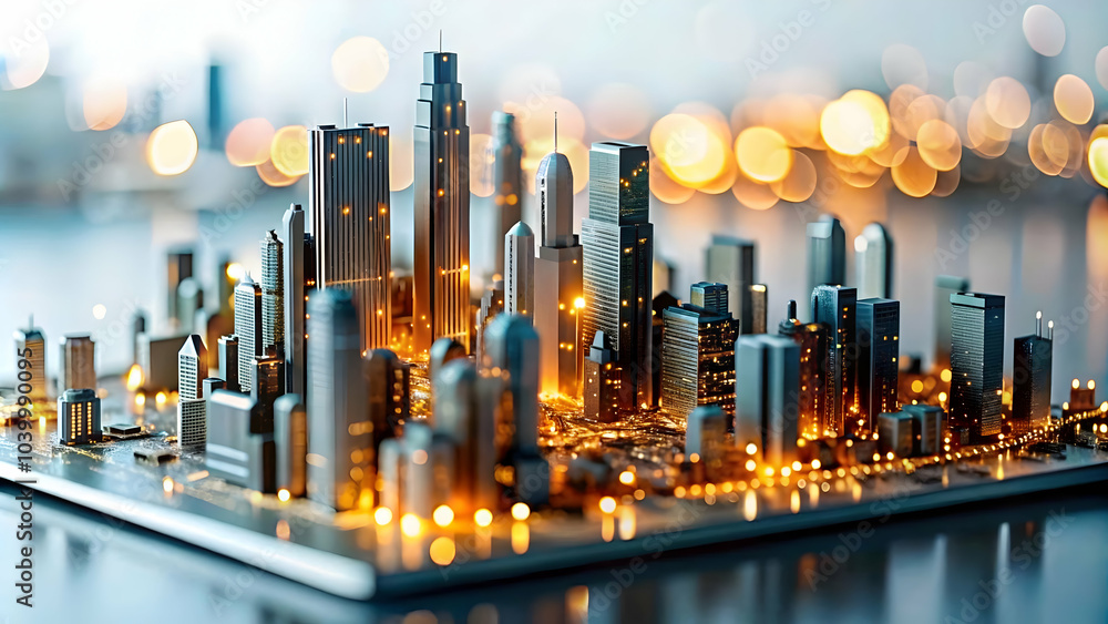 Poster abstract circuit board city skyline design soft lights bokeh effects technological foundation smart 