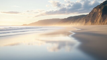 Fototapeta premium Sunrise beach view, the soft morning sunlight reflects gently on the water surface and the sand remains pristine.