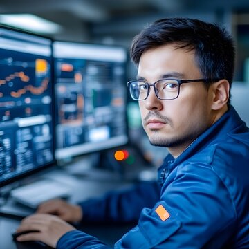 The image depicts a control room with multiple computer monitors displaying fuel processing data and analytics  The modern