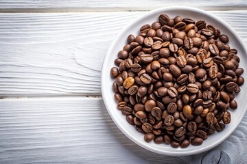 Fototapeta premium Coffee beans arranged in a plate on a white table at a tilted angle