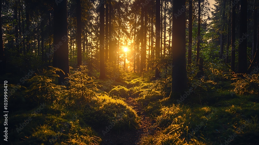 Poster a magical forest illuminated by two warm suns creating an enchanting atmosphere amidst tall trees an