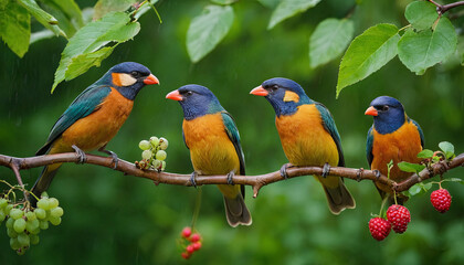 Four colorful birds sit side by side on a branch, surrounded by green leaves and fresh grapes and raspberries in a bright garden. Their striking plumage adds joy to the scene