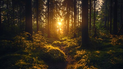 Fototapeta premium A magical forest illuminated by two warm suns creating an enchanting atmosphere amidst tall trees and lush greenery