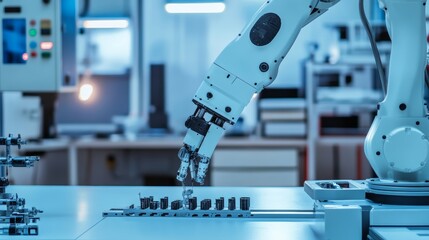 A robot assembling modular robotics components in a high-tech prototyping studio, clean and organized workspace, Prototyping-tech style