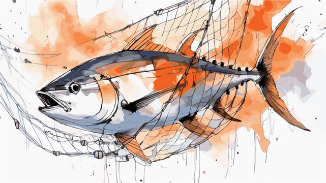 Tunfisch vom Aussterben bedroht. Dramatisch bedrohter Thunfisch im Fischnetz - &Uuml;berfischung und Gef&auml;hrdung - Vektor