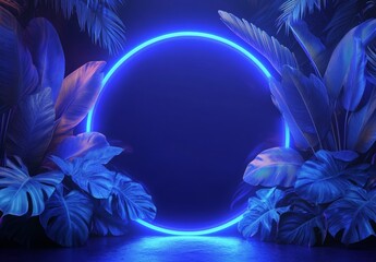 A blue circle is surrounded by green leaves