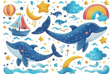 Obraz premium Hand drawn stickers of wheals and clouds rainbows with sun and moons on a clean white surface for printing or poster use an illustrative work, Generative AI.