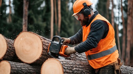 A worker in an orange uniform uses a chainsaw to cut down trees on forest land filled with fallen trunks