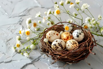 Obraz premium Beautiful Nest of Quail Eggs Surrounded by Delicate Flowers