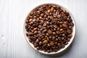 Fototapeta premium Coffee beans in a plate on a white table at a tilted angle