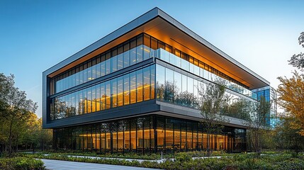 Obraz premium sleek modern office tower featuring reflective glass windows surrounded by lush trees under the bright midday sun and vibrant blue sky creating a harmonious urban landscape