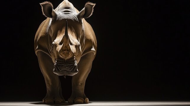 A white rhinoceros stands facing the camera in a dark studio.