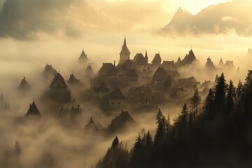 Misty Morning Enveloping a Village in the Mountains