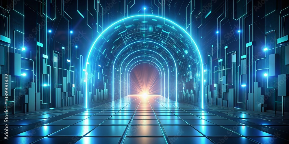Poster futuristic data gateway: sci-fi tech and cybersecurity in abstract minimalist illustration