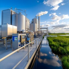 Obraz premium Eco Friendly Biofuel Processing Plant with Modern Storage Tanks in a Sustainable Industrial Setting Renewable Energy Production and Distribution Facility