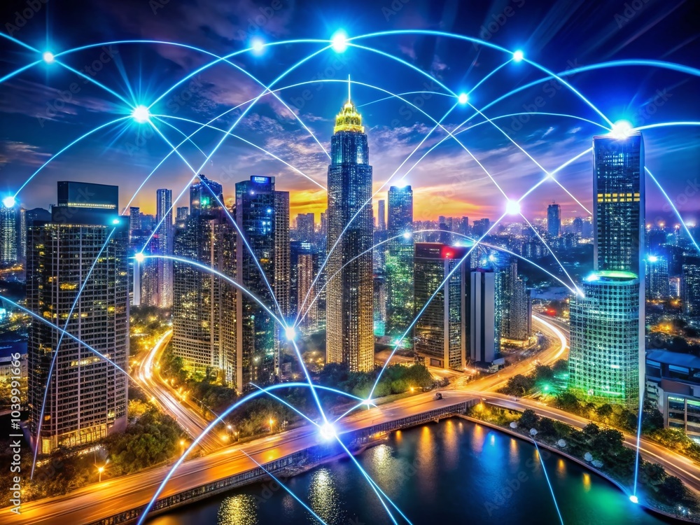 Poster futuristic digital global network connection with glowing nodes and lines in drone photography persp