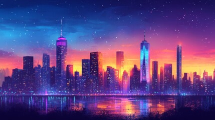 Vibrant Night Skyline, animated illustration of dazzling skyscrapers glowing in a colorful urban landscape at night