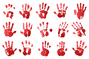 Red bloody handprints set on white background. Halloween horror or crime concept