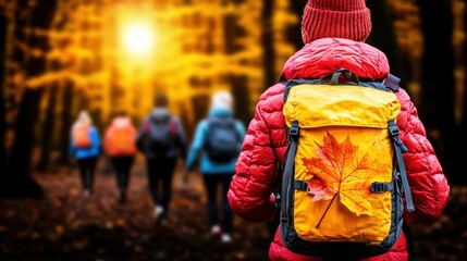 Mature hikers walking through a sunlit autumn forest, emphasizing outdoor exploration, healthy aging, and community among seniors