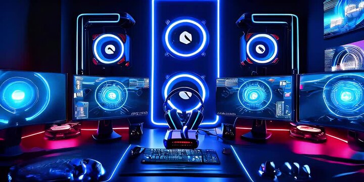 A sleek, futuristic gaming setup with multiple monitors, neon lights, and a gaming chair.