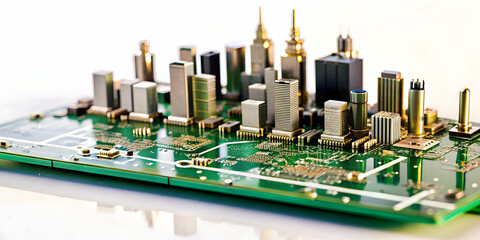Close Up Circuit Board City Skyline Concept Macro Image Urban Centers Global Data Network Ample Copy Space Photo Stock Conceptual Technology Art