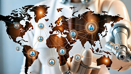 Glossy World Map with Connected Hospitals & Robots Icons - Global Integration of Robotics in Healthcare | Ample Copy Space for Promotional Content - Photo Stock Concept