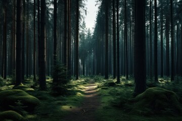 Obraz premium Deep pine forest background landscape woodland outdoors.