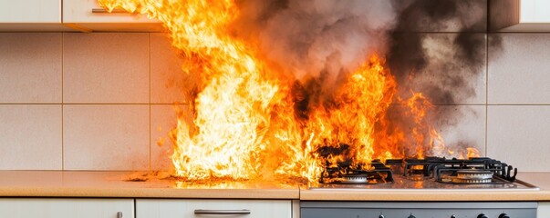 Obraz premium A kitchen completely ablaze, with burning cabinets and intense heat, showcasing the dangers of cooking fires and the importance of fire prevention measures