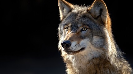Fototapeta premium A wolf with golden eyes looks intensely at the camera against a dark background.