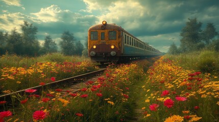 Obraz premium A vintage train travels through a field of wildflowers, under a cloudy sky.