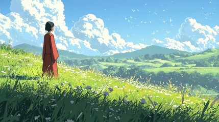 Fototapeta premium A woman in red stands on a hilltop overlooking a green valley and blue sky with white clouds.
