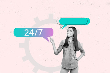 Composite trend artwork sketch image collage of 24 7 service support help customer client speech...