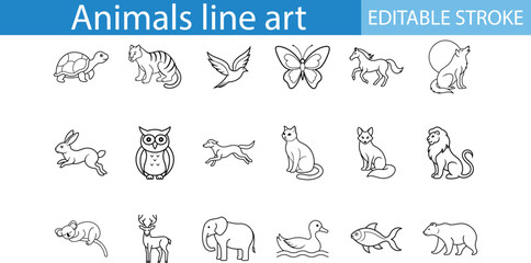 Fototapeta premium Line Art Animal Icons Set Editable Stroke