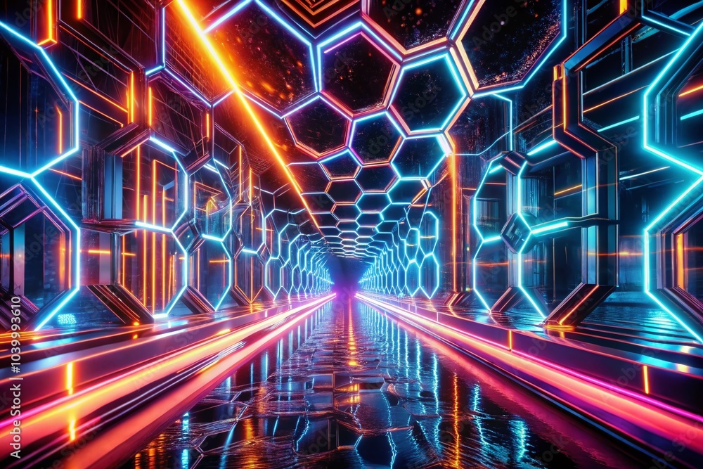 Poster futuristic neon hexagons in slow motion - abstract spaceship matrix animation