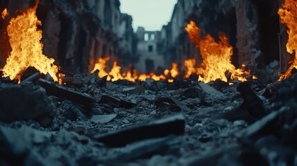 Apocalyptic ruins of a city, with fires raging among broken buildings and debris, creating a haunting, desolate atmosphere of destruction and chaos