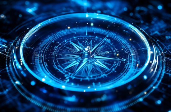 A blue compass with a silver needle pointing to the right