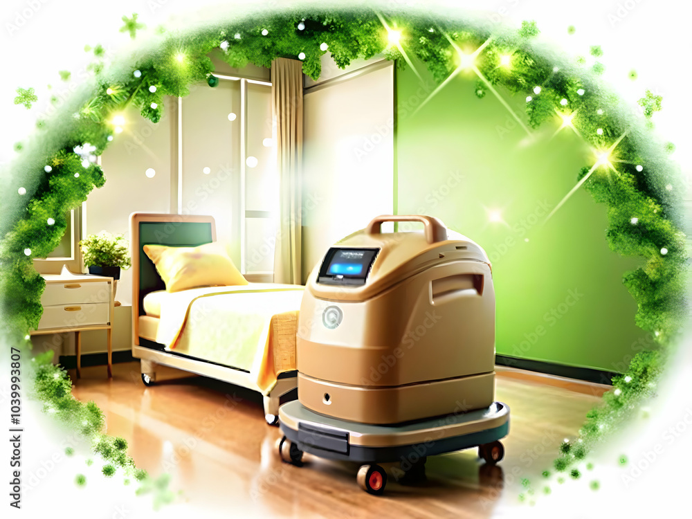 Poster robotic cleaner sanitizing hospital room abstract digital art image soft bokeh background technology