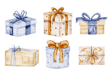 Watercolor Christmas Gift Set: Isolated Blue Boxes with Bows and Ribbons for Festive Holiday Illustration and Seasonal Decoration