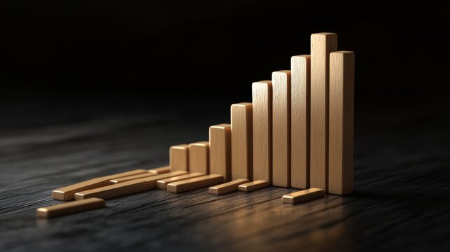 A collection of wooden blocks arranged in an upward-growing bar graph design, symbolizing growth and progress on a dark surface.