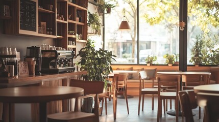 Fototapeta premium Cozy coffee shop with wooden furniture and warm lighting, creating an inviting ambiance for relaxation, on a white background
