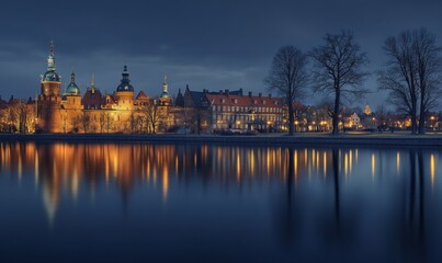 Naklejka premium Frederiksborg Castle, in the town of Hillered on Lake Slotsse. Panorama. Denmark. XVI century. Copenhagen, Denmark, Europe