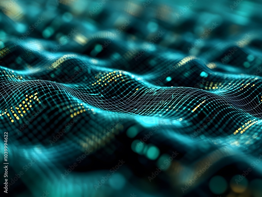 Poster A digital representation of flowing waves with a grid-like pattern in vibrant colors.