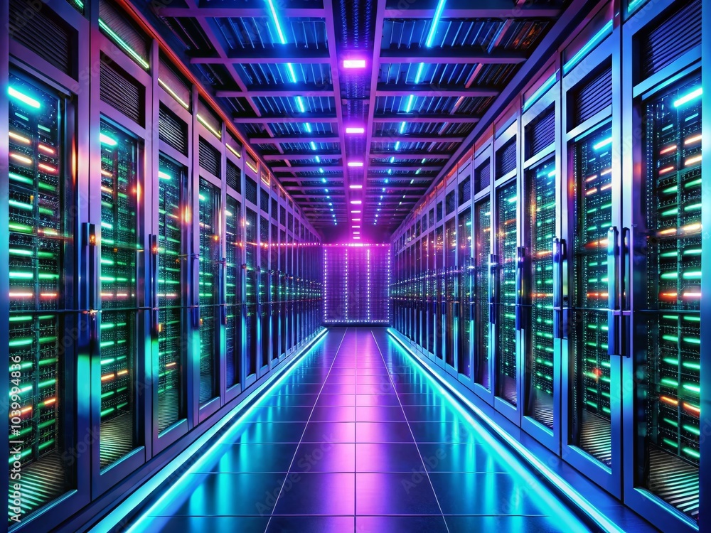 Poster futuristic server room with neon lights for high-speed data processing and advanced technology showc
