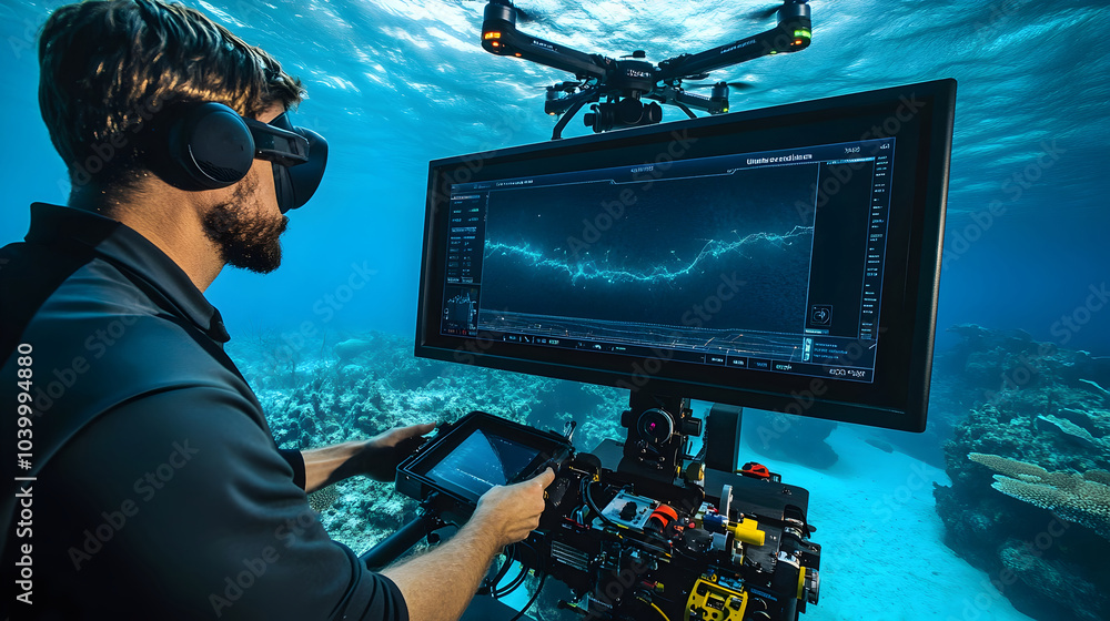 Poster professional operator guiding underwater drone with ocean depth data displayed
