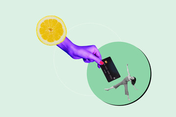 Composite photo collage of happy girl dance receive credit card cashless salary orange fruit...