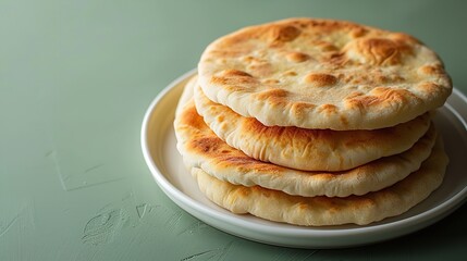 A top and close-up of pitta bread on a white dish with a light green backdrop and lots of room for text or background elements, Generative AI.